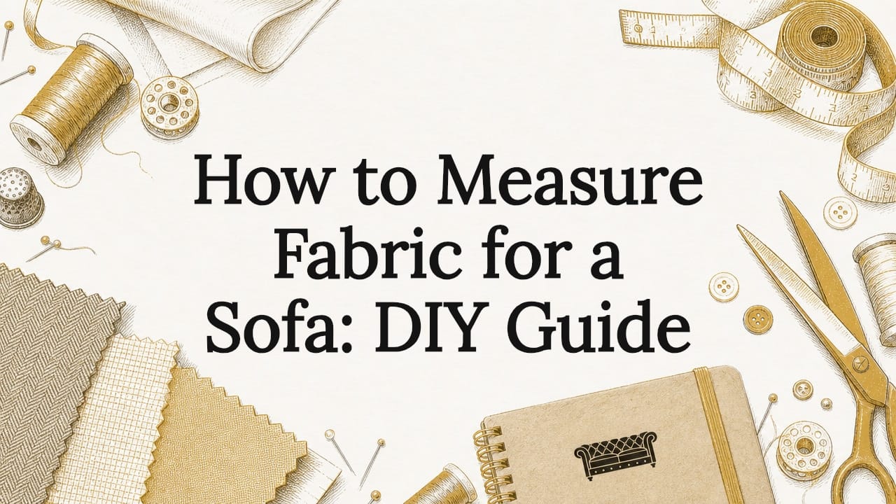 Decorative illustrated title card for sofa fabric measurement guide