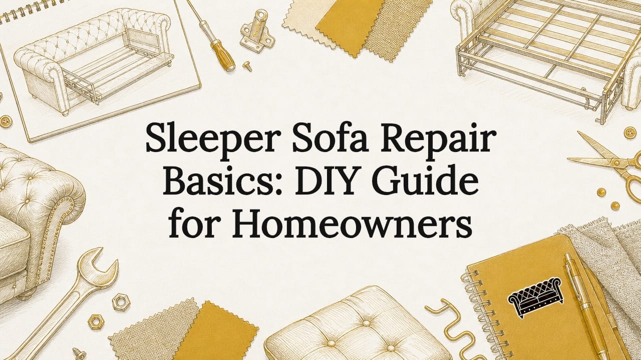 Decorative title-card illustration with sofa repair tools