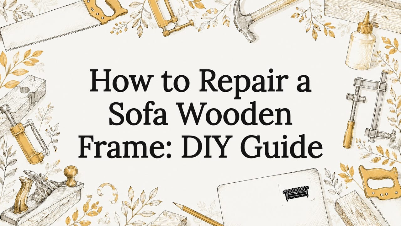 Decorative hand-drawn title card illustration with sofa repair tools