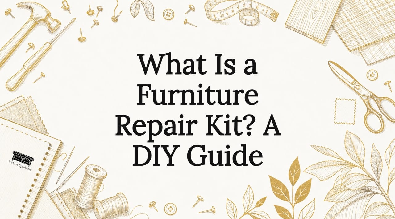 Decorative title card illustration with furniture repair themed sketches
