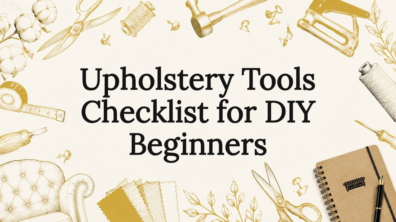 Illustrated decorative title card with upholstery tools