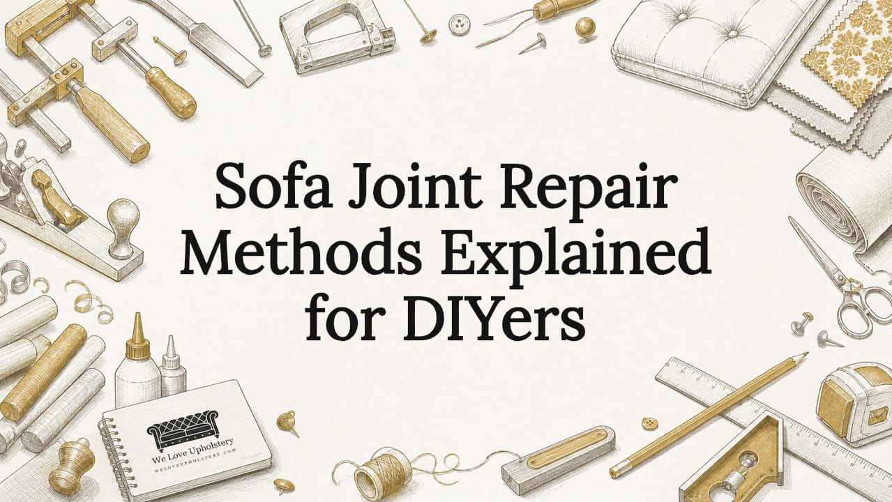 Decorative title card illustration of sofa repair tools and materials
