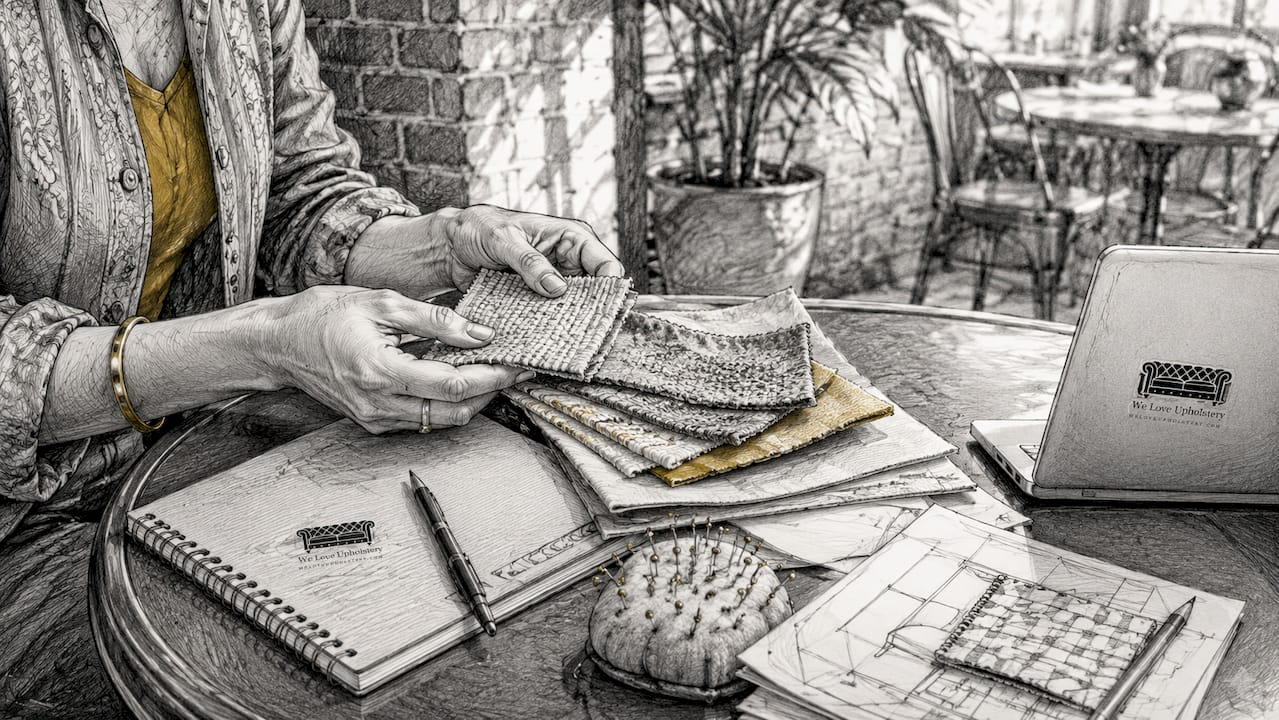 Hands selecting upholstery fabric swatches
