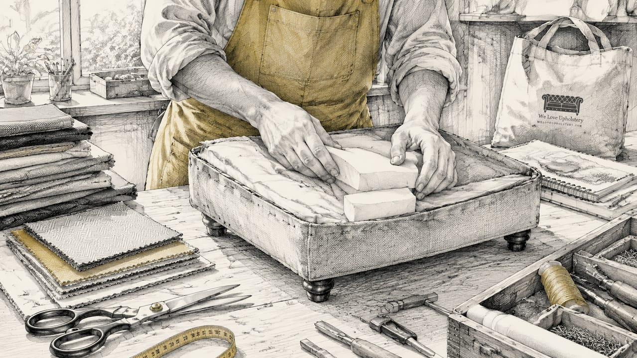 Craftsperson adding foam padding to upholstery