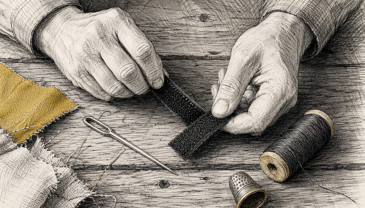 Hands arranging Velcro tape and sewing tools on work table