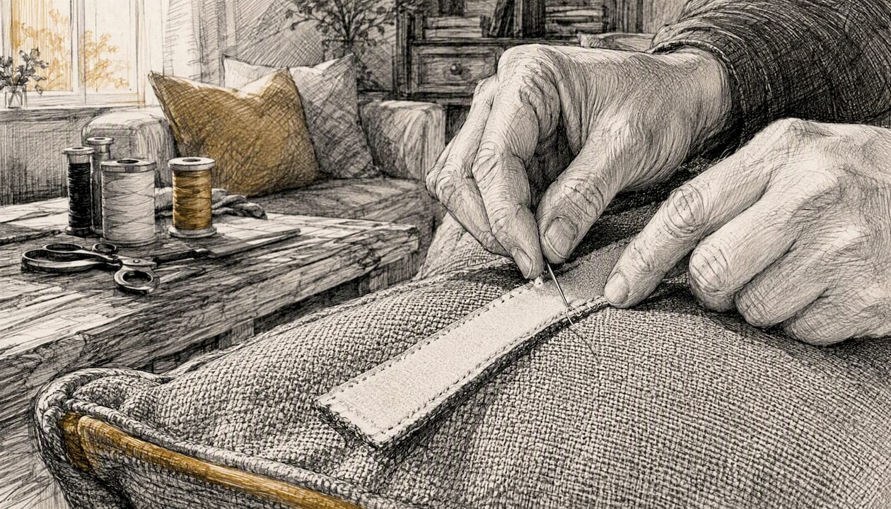 Hands sewing Velcro onto cushion cover fabric