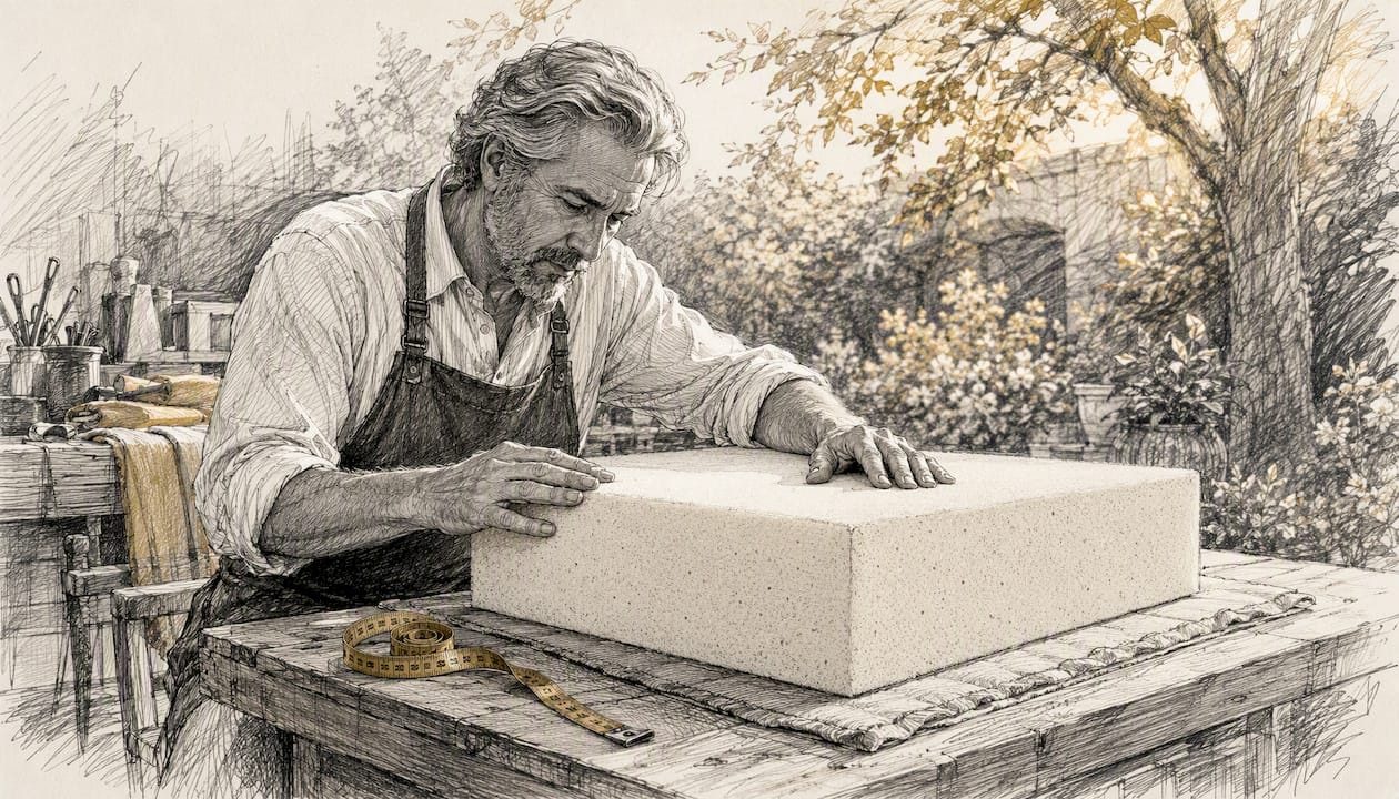 Hands inspecting high-density upholstery foam block