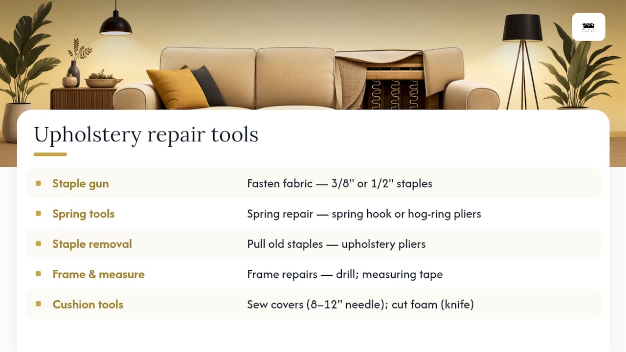 Diagram of essential upholstery tools with labels