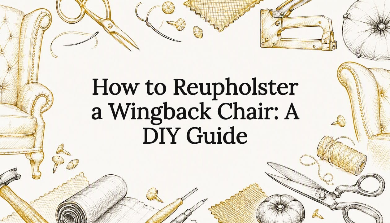 Decorative hand-drawn upholstery tools and wingback chair elements on light background
