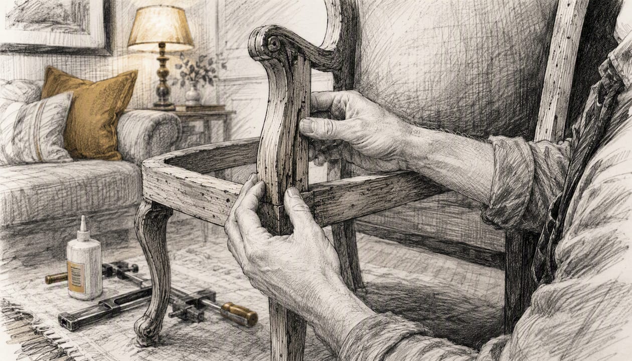 Hands inspecting wingback chair wooden frame joints
