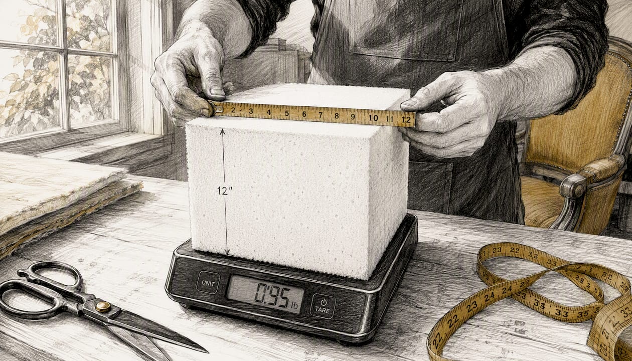 Hands weighing foam cube on scale