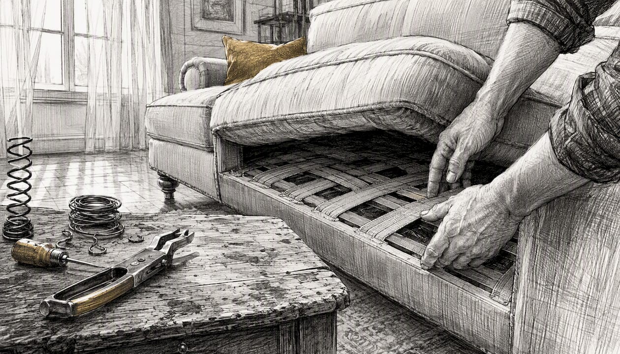 Hands pressing sofa support deck