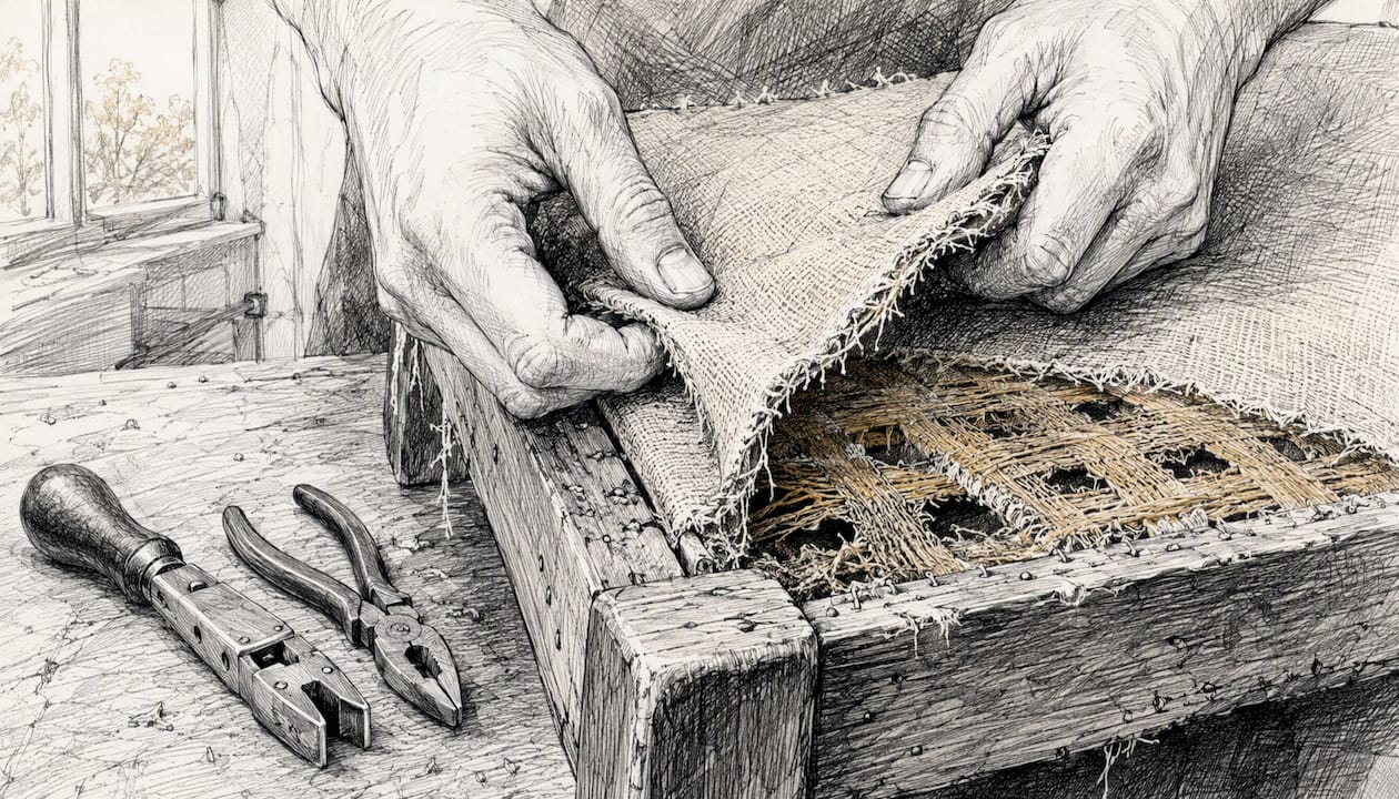 Hands removing old chair webbing