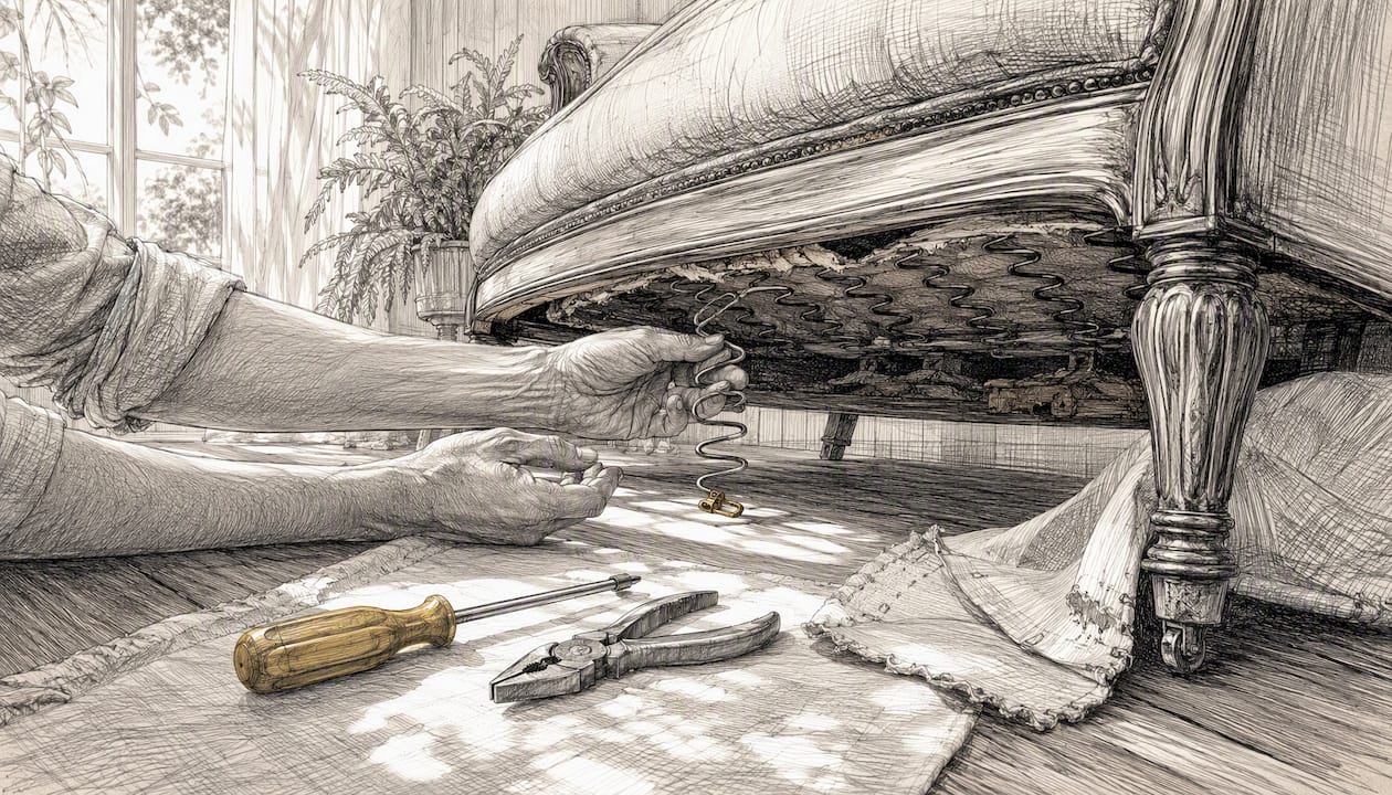 Hands inspecting detached sinuous spring under chair