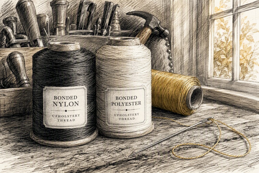Spools of bonded nylon and polyester thread close-up