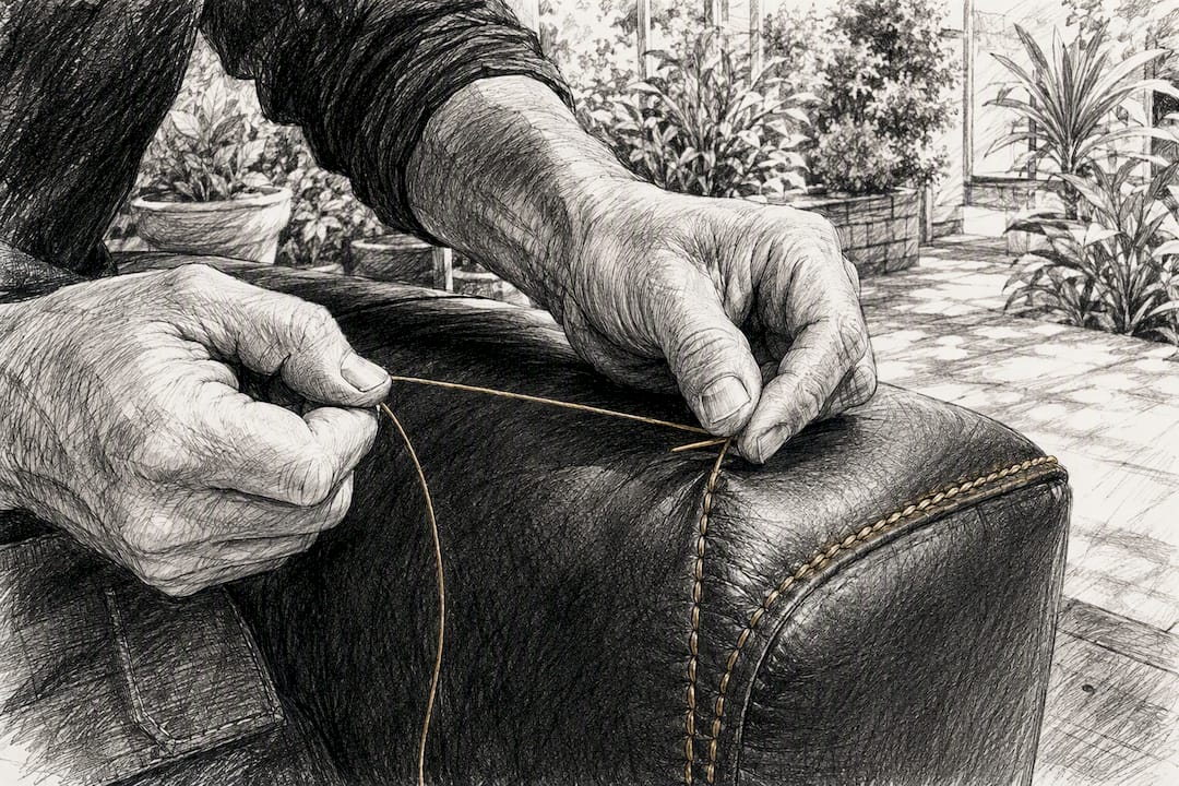 Hands sewing leather upholstery with bonded nylon thread