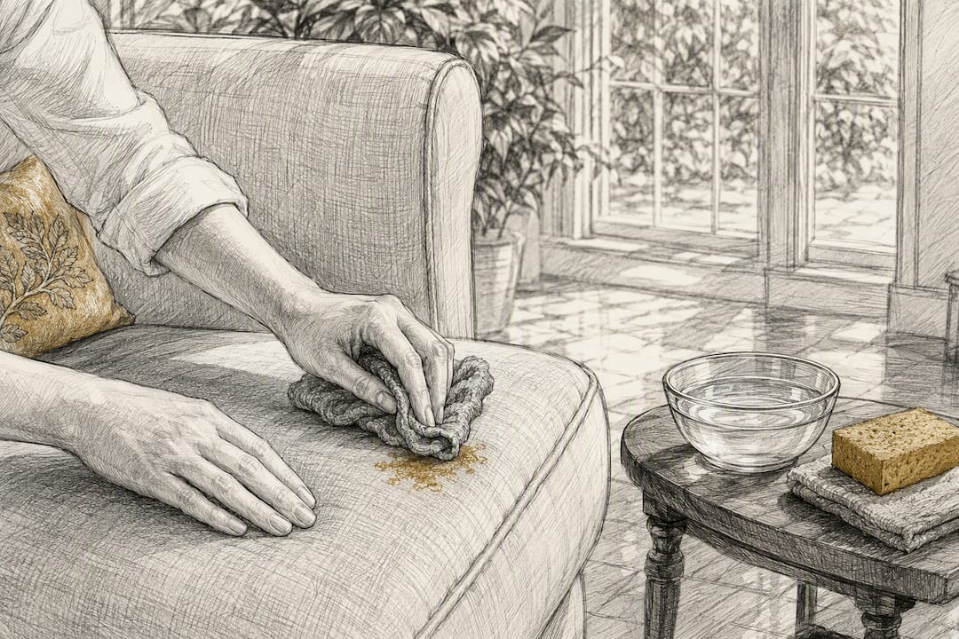 Hands blotting paint stain on couch fabric