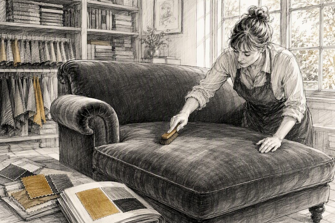 Brushing velvet couch fabric to restore texture