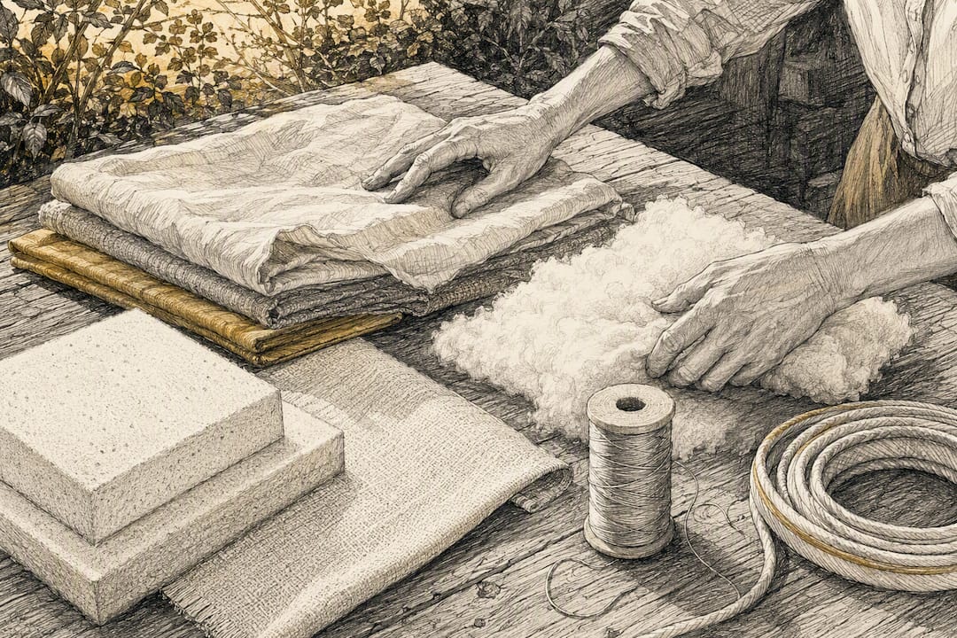 Hands arranging upholstery materials on table