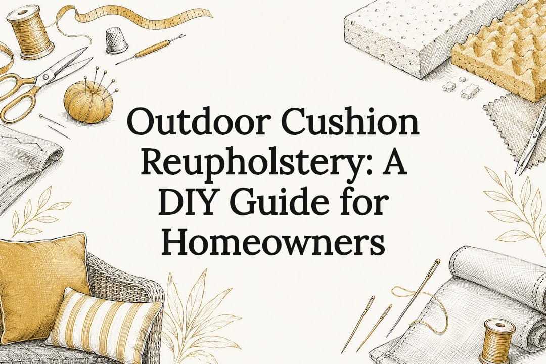 Decorative title card illustration for outdoor cushion reupholstery