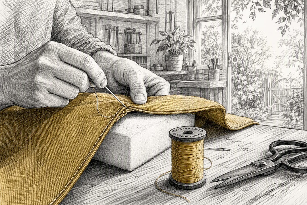Hands sewing outdoor cushion fabric panel