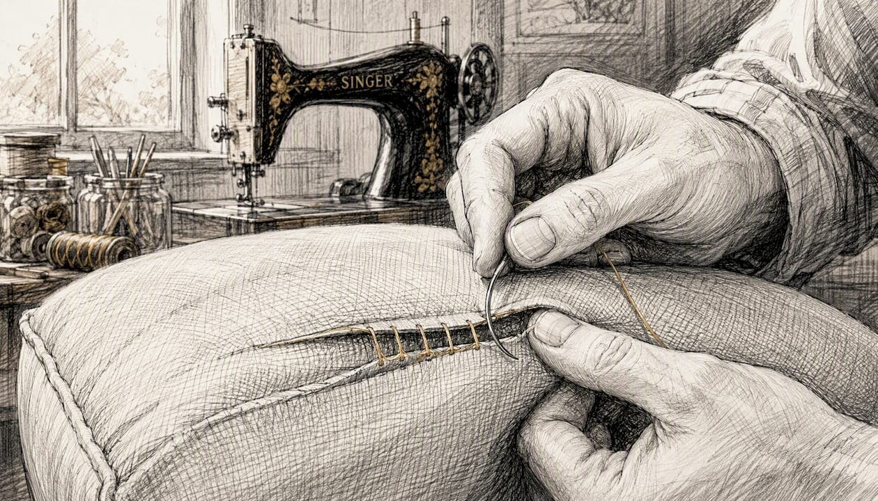 Hands sewing ladder stitch on cushion seam