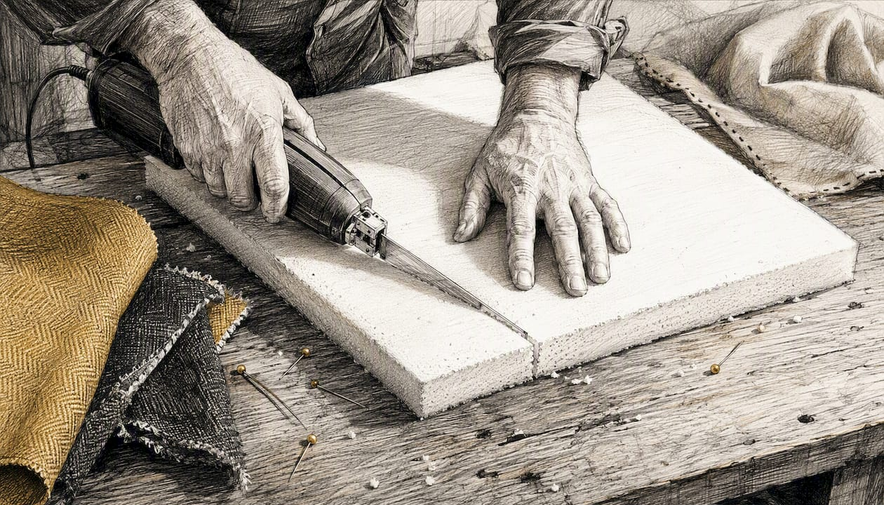Hands cutting high-density foam sheet