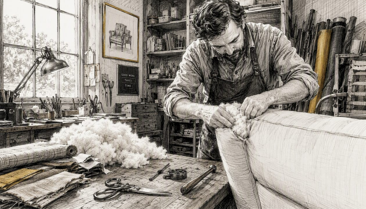 Hands packing polyfill into sofa cushion corner