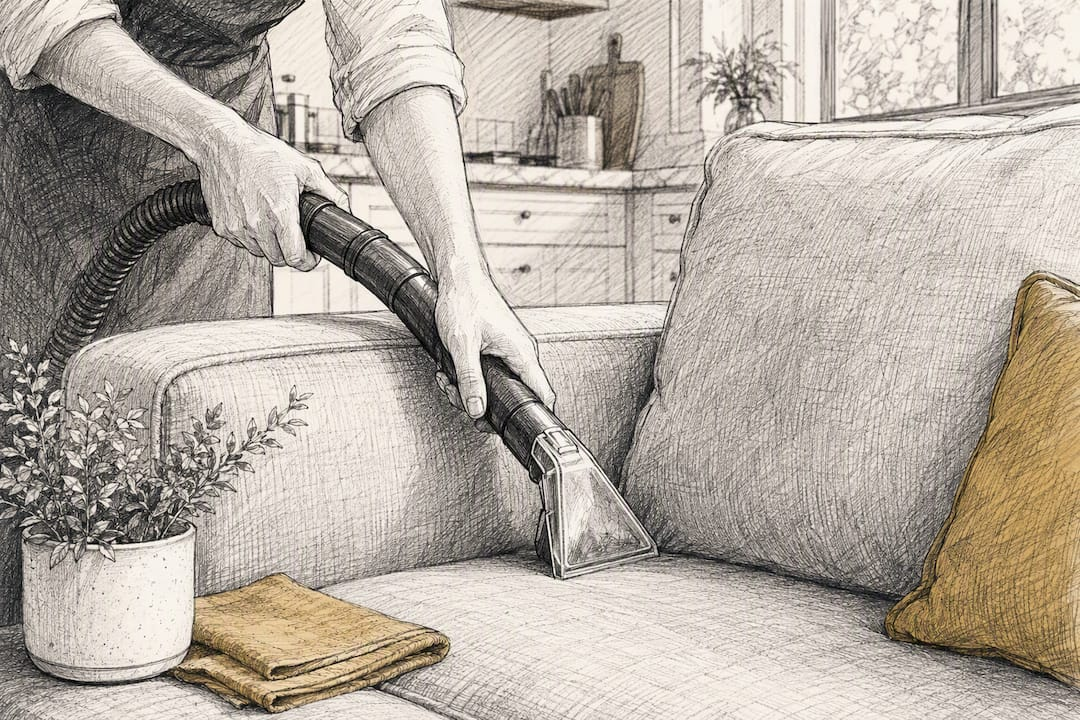 Hands vacuuming fabric couch