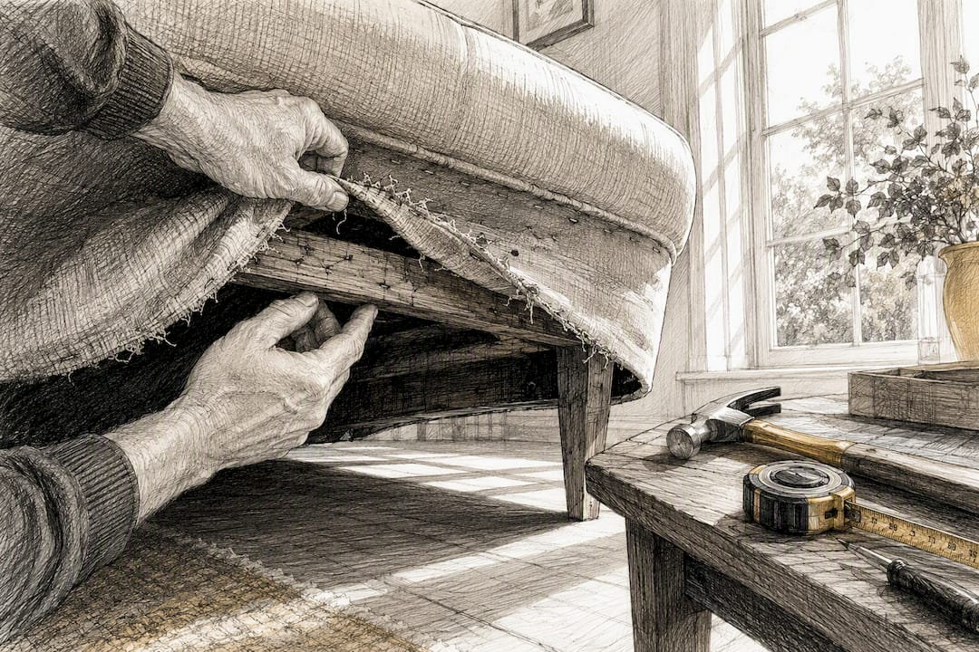 Hands inspecting underside couch frame