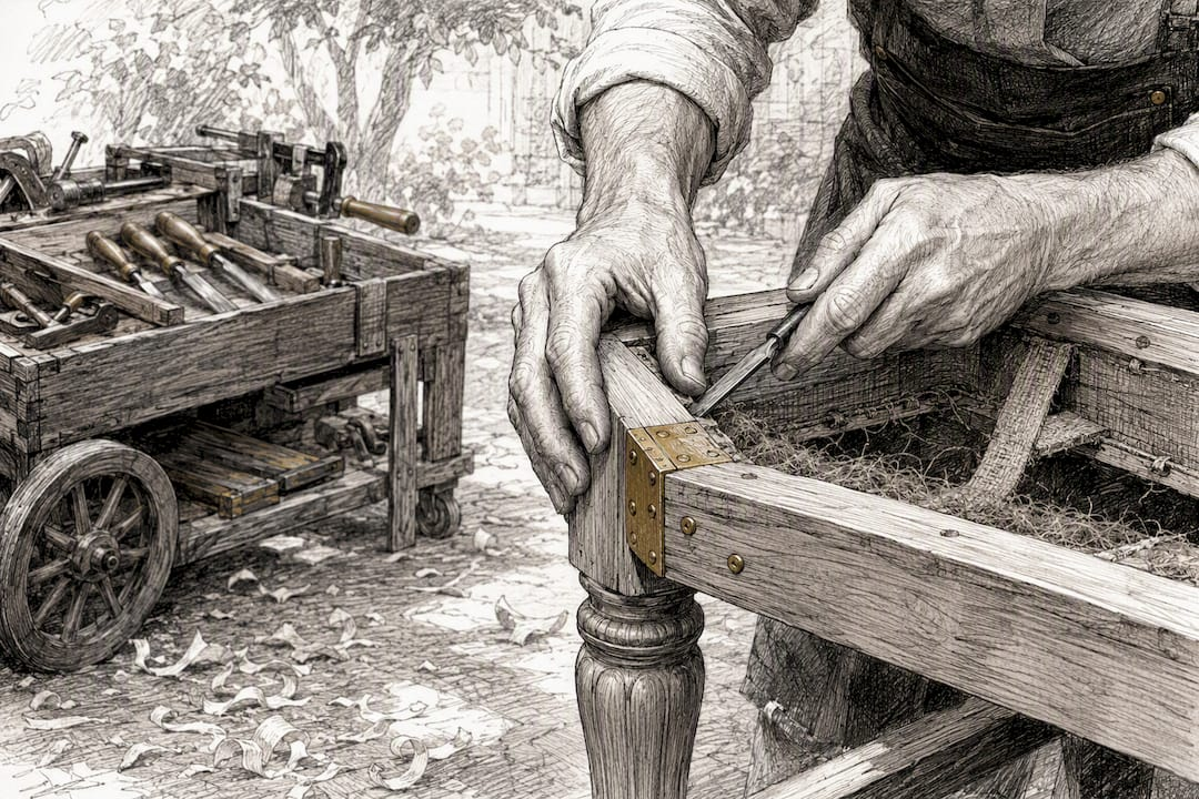 Hands repairing couch frame corner