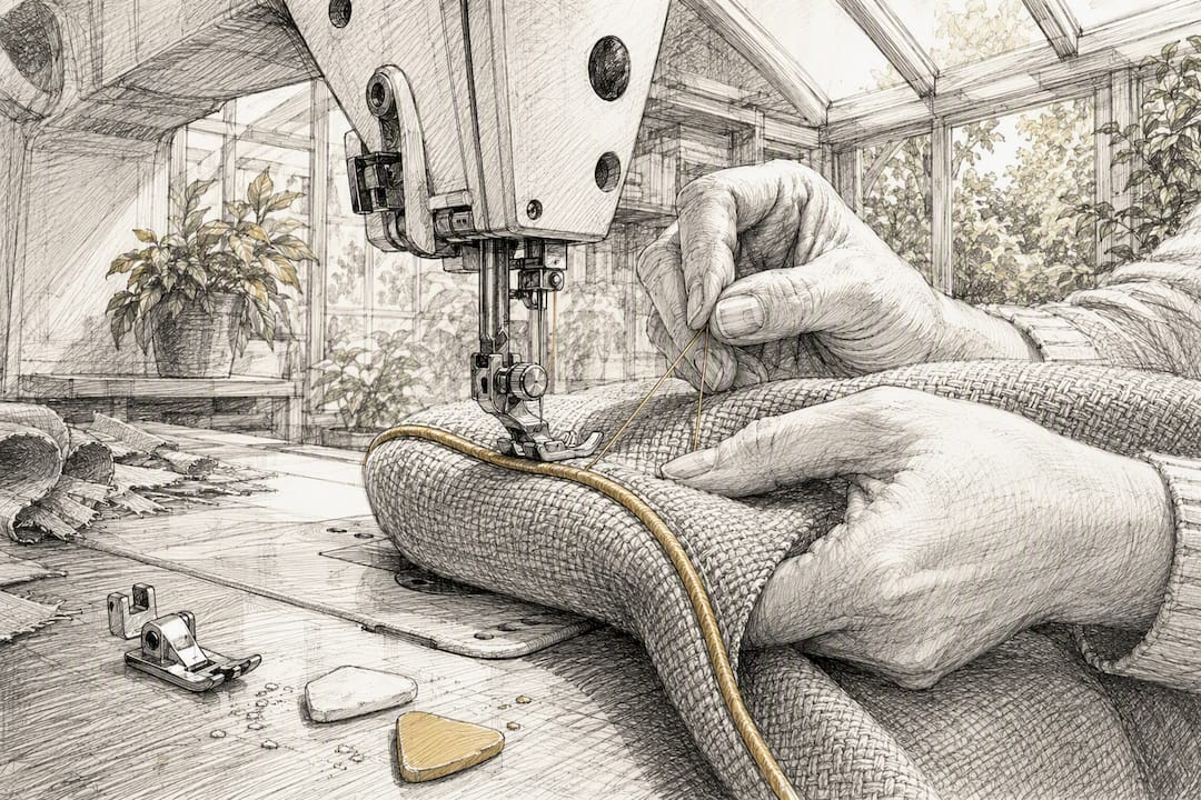 Hands sewing curved box cushion with piping