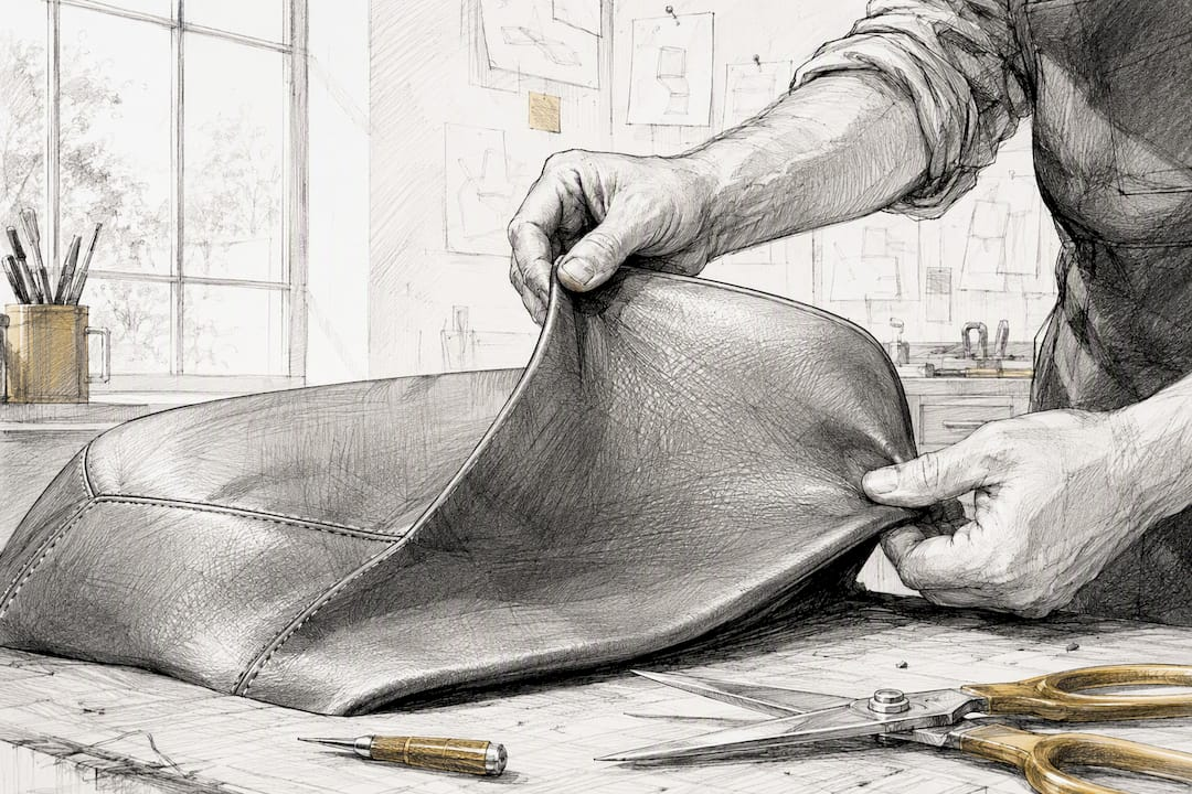 Hands testing flexible vinyl on bar stool seat