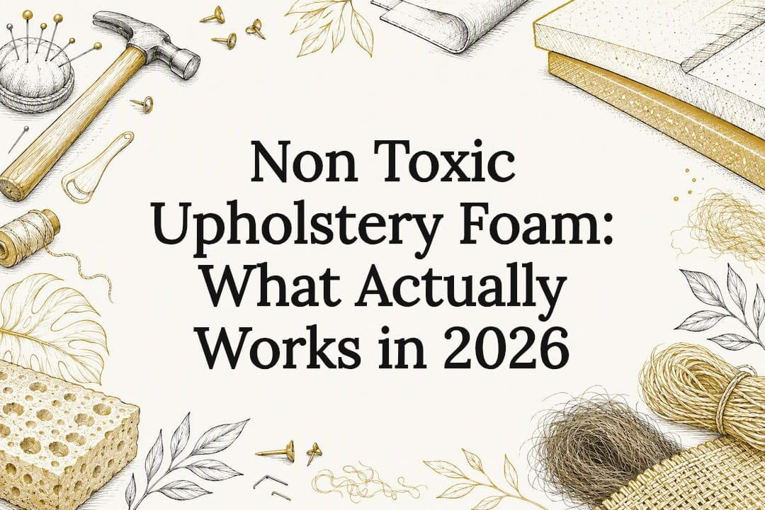 Decorative title card with upholstery tools and natural materials illustration