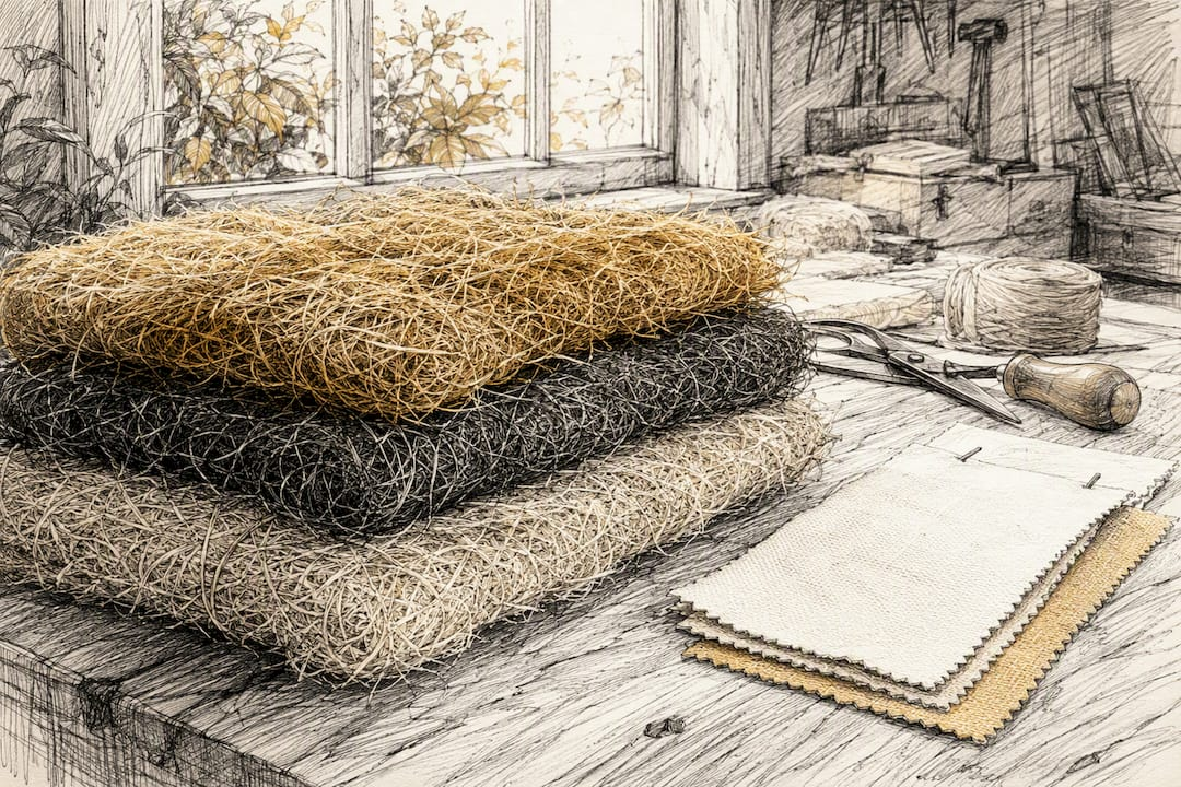 Natural fiber upholstery layers on wooden table