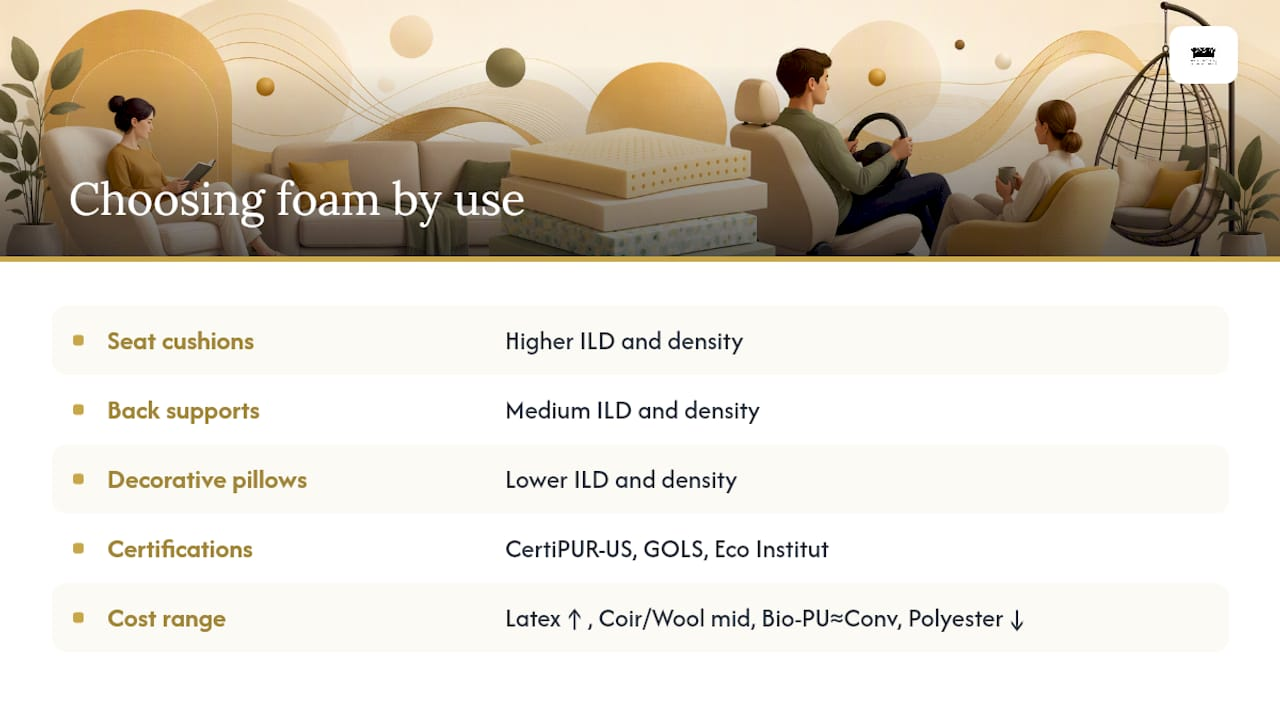 Comparison chart of firmness, density, certification, and cost for upholstery foams