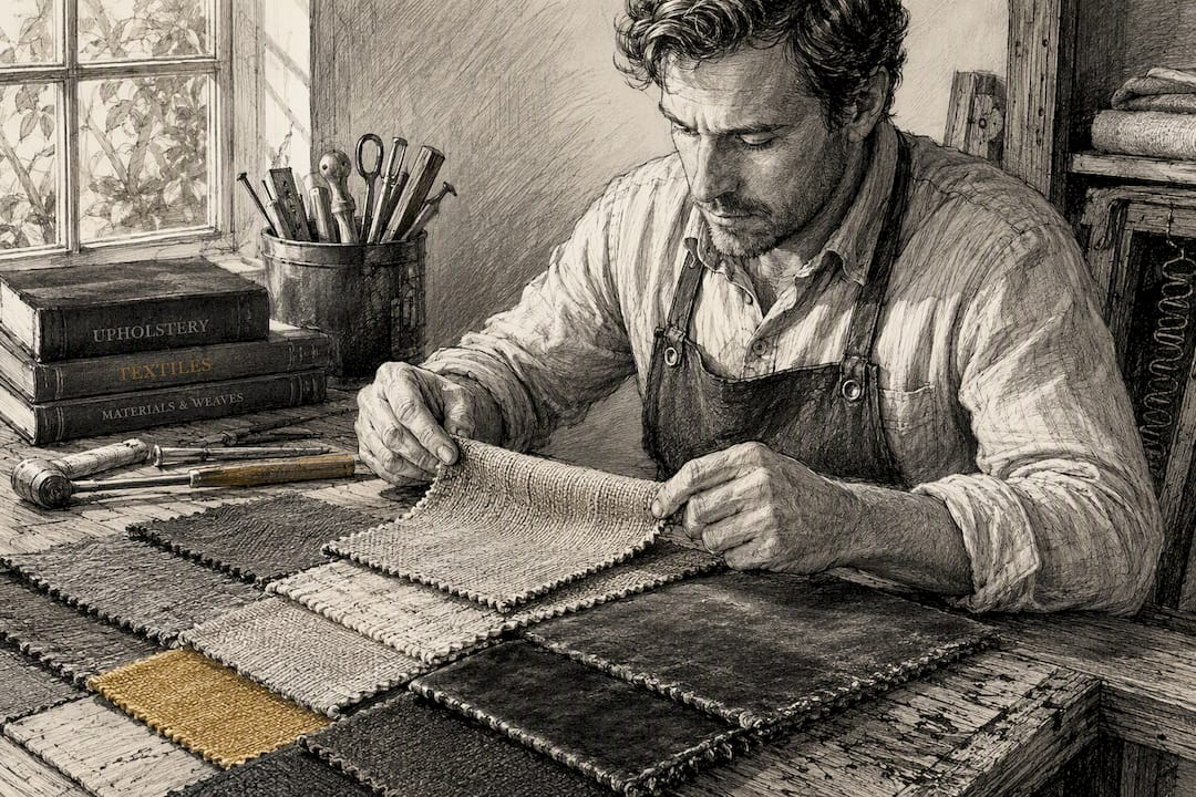 Hands feeling different upholstery fabric samples