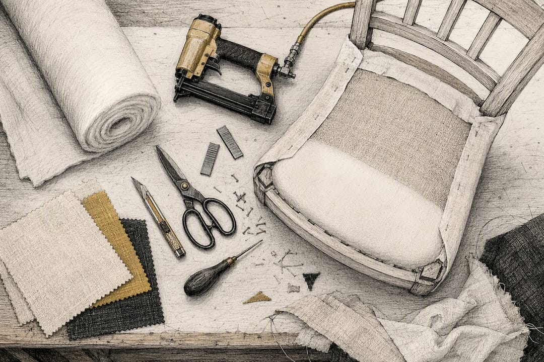 Workbench with upholstery tools and chair seat
